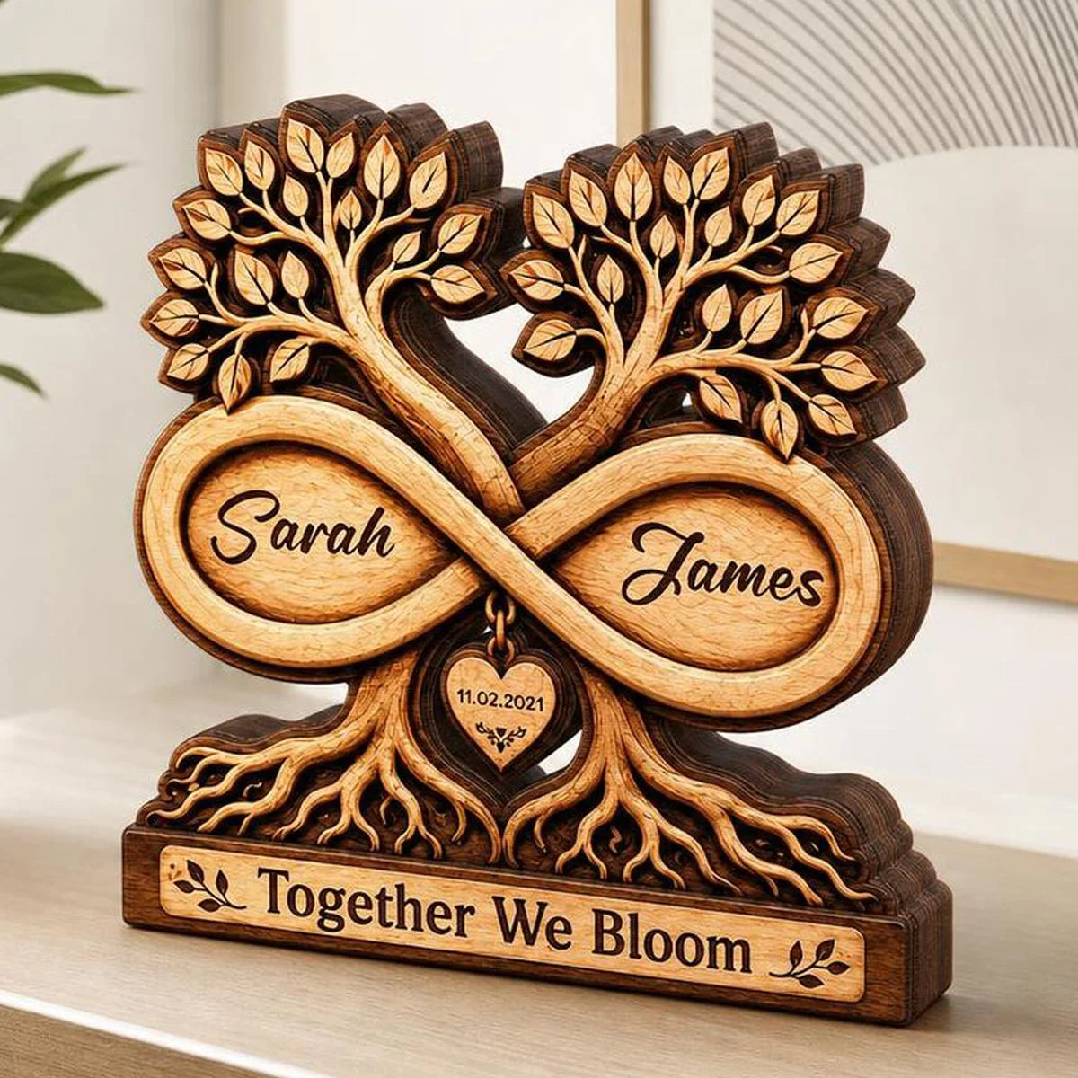 Together We Bloom Infinity Tree Personalized Wooden Block - Custom Anniversary & Wedding Keepsake Gift for Couples