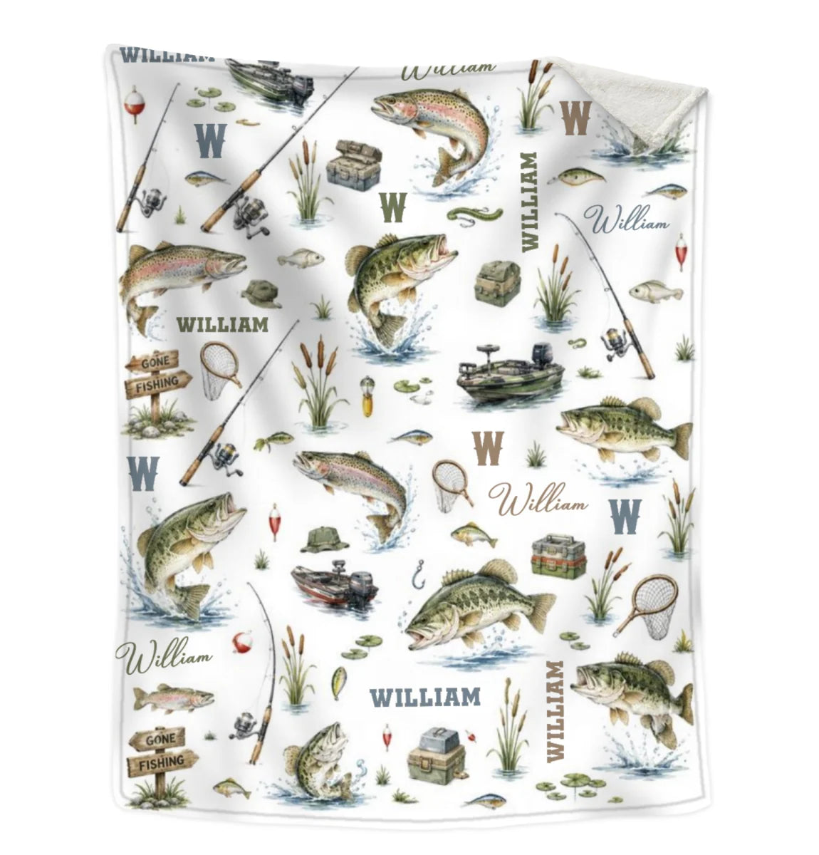 Personalized baby fishing blanket featuring bass and trout design with custom name for nursery decor gift image 7