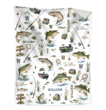 Personalized baby fishing blanket featuring bass and trout design with custom name for nursery decor gift image 7