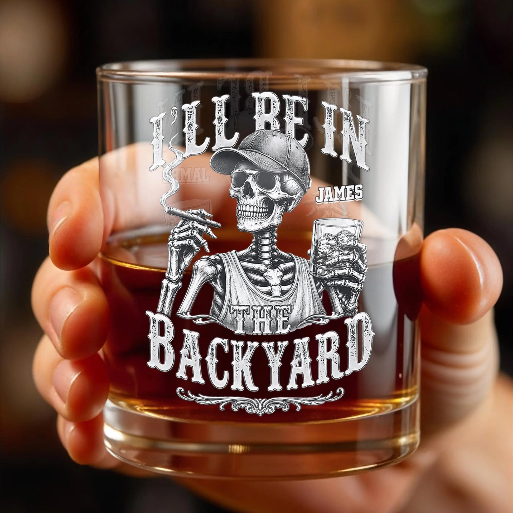 Personalized whiskey glass with I'll Be In The Backyard skeleton cigar design custom gift for men image 6