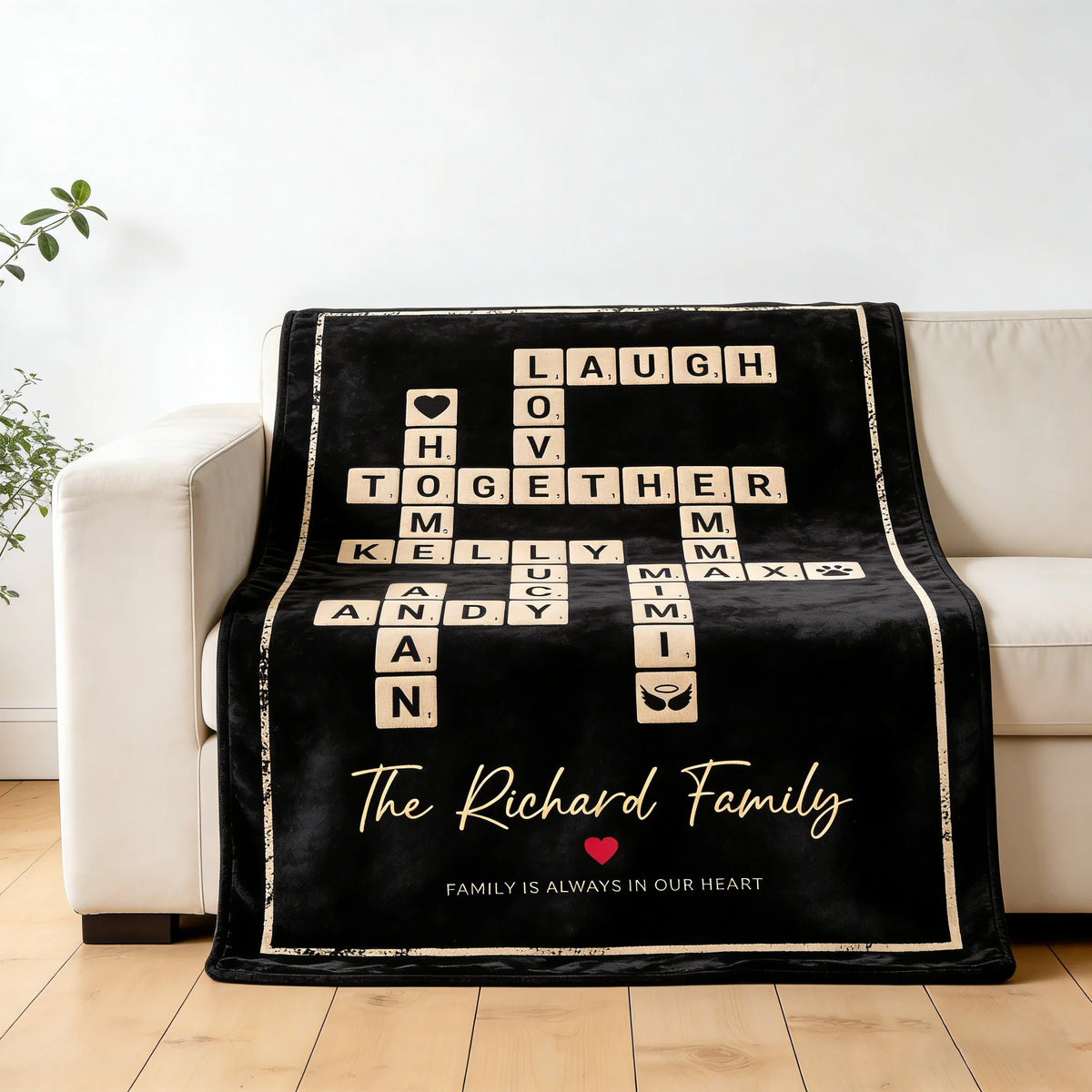 Custom Crossword Family Names Blanket - Personalized Scrabble Tile Throw for Mom