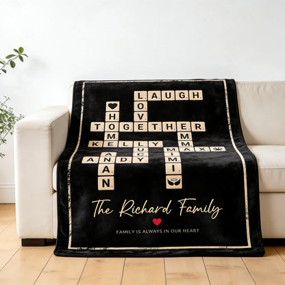 Custom Crossword Family Names Blanket - Personalized Scrabble Tile Throw for Mom