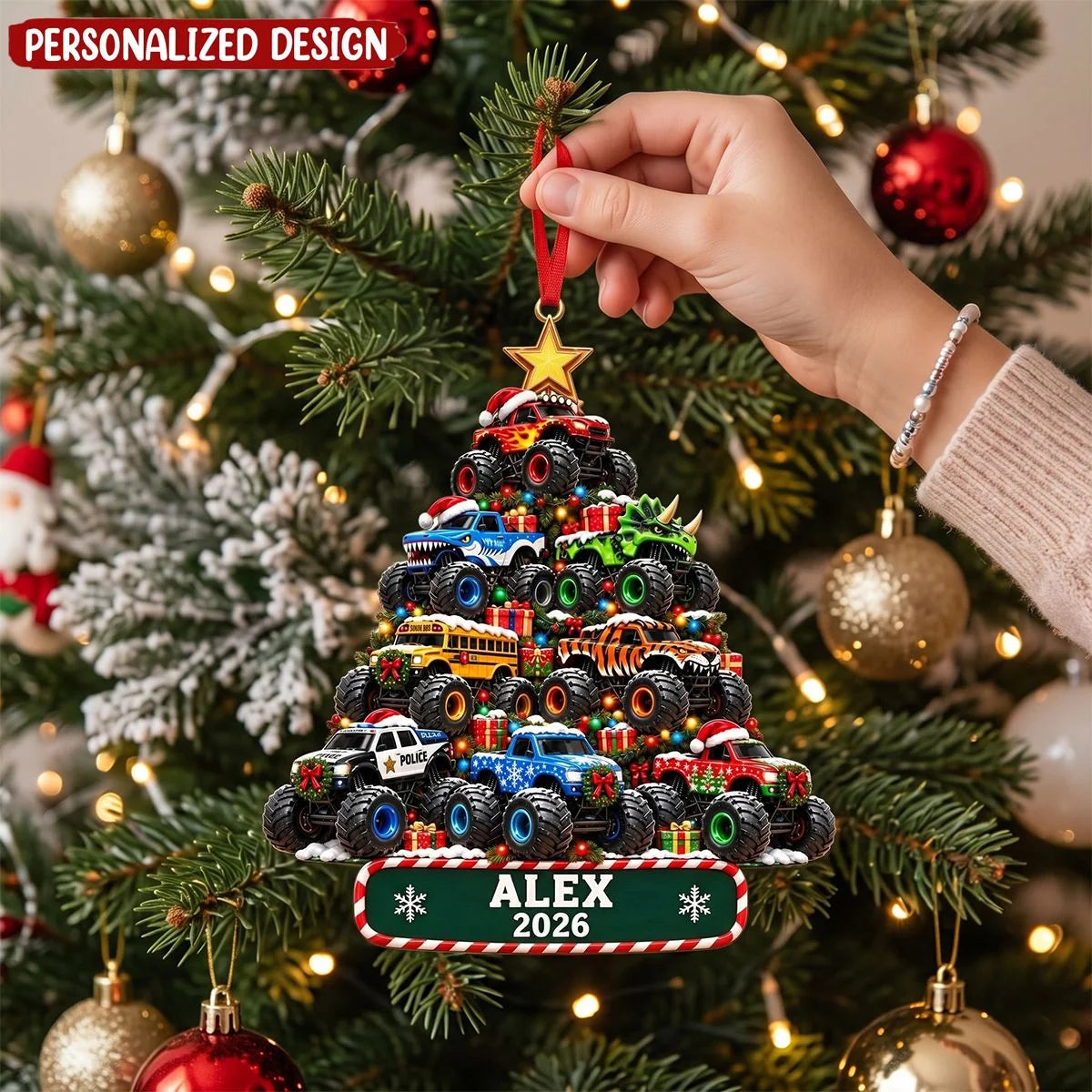 Personalized Monster Truck Tree Wooden Ornament - Custom Name Christmas Keepsake