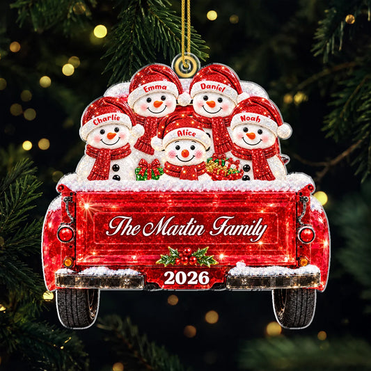 Personalized Snowman Family Truck Acrylic Ornament - Custom Family Christmas Keepsake Gift for Holiday Tree Decor