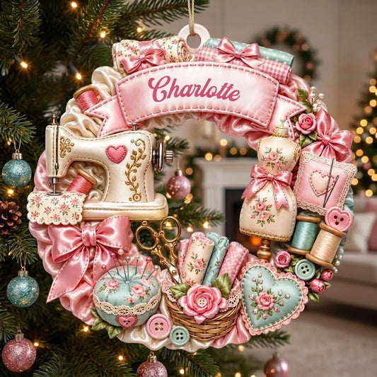 Vintage Sewing Machine Wreath Personalized Wooden Ornament - Custom Name Christmas Keepsake Gift  for Quilters and Crafters