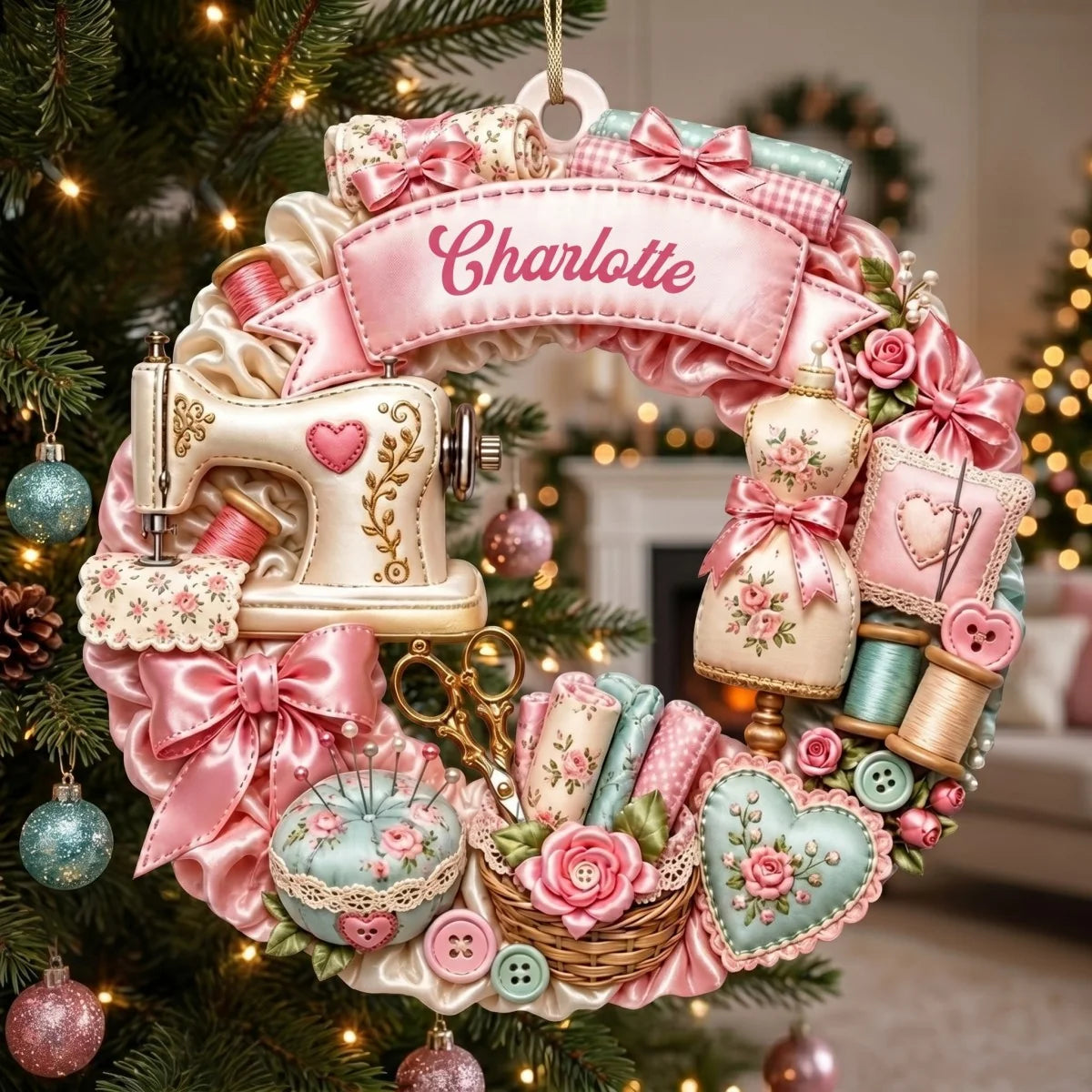 Vintage Sewing Machine Wreath Personalized Wooden Ornament - Custom Name Christmas Keepsake Gift  for Quilters and Crafters