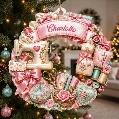 Vintage Sewing Machine Wreath Personalized Wooden Ornament - Custom Name Christmas Keepsake Gift  for Quilters and Crafters