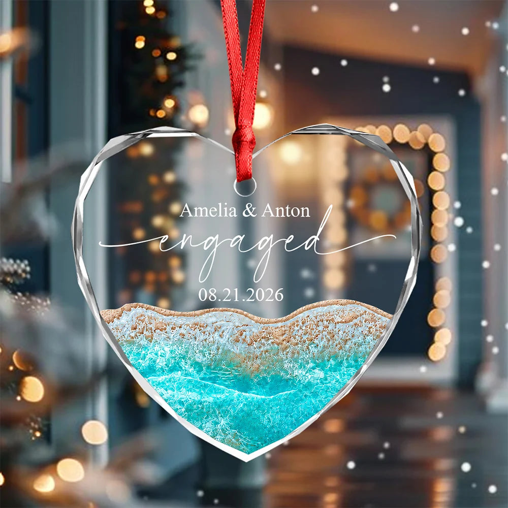 Married Engaged Beach Heart Glass Ornament - Personalized Wedding Keepsake Gift for Couples