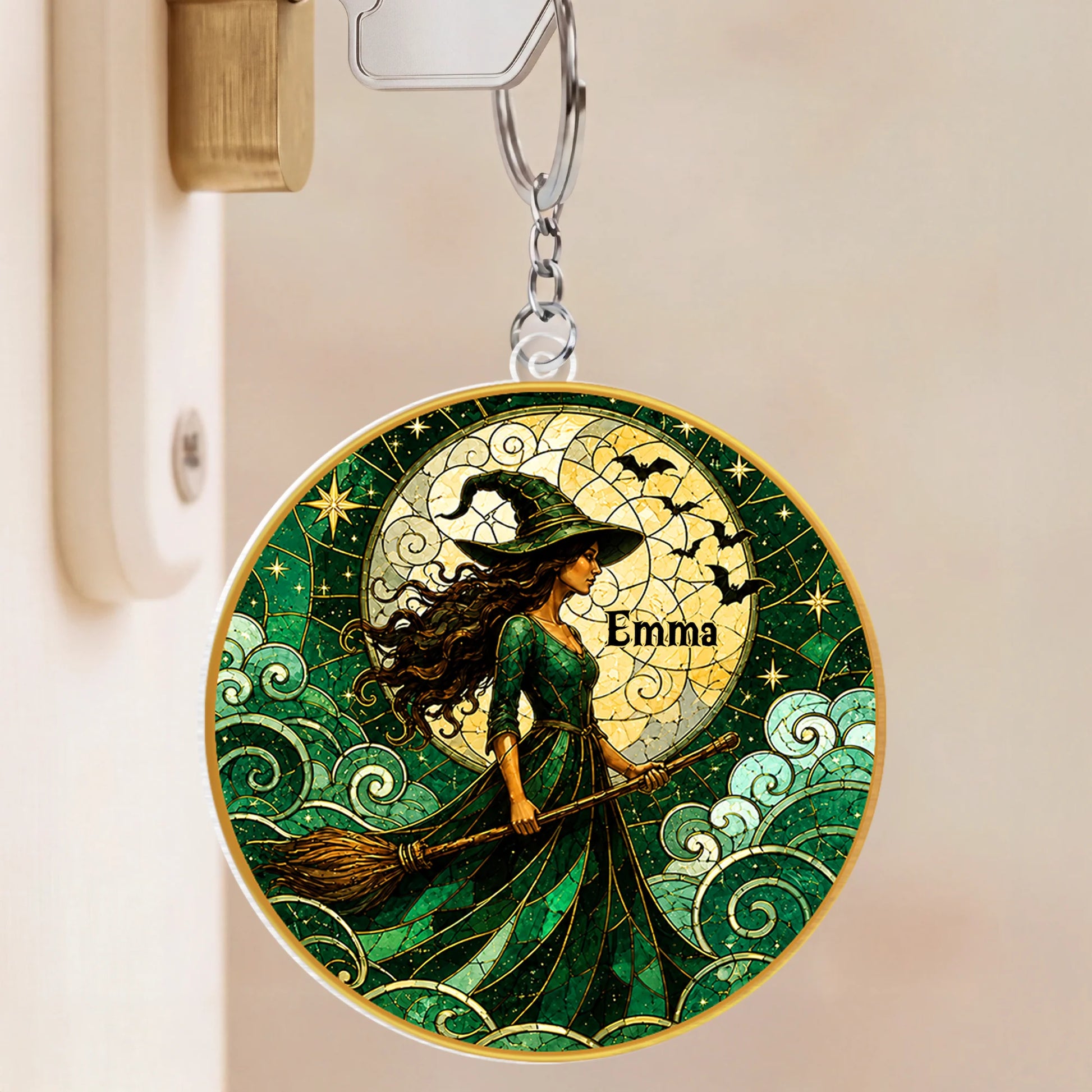 Personalized Moonlit Witch Acrylic Keychain - Custom Halloween Gift for Her