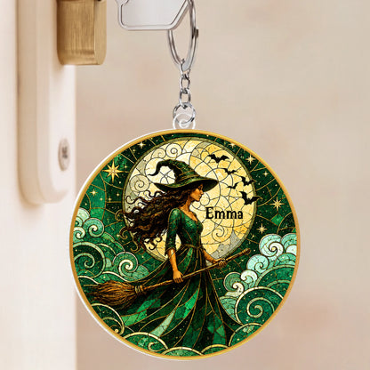 Personalized Moonlit Witch Acrylic Keychain - Custom Halloween Gift for Her