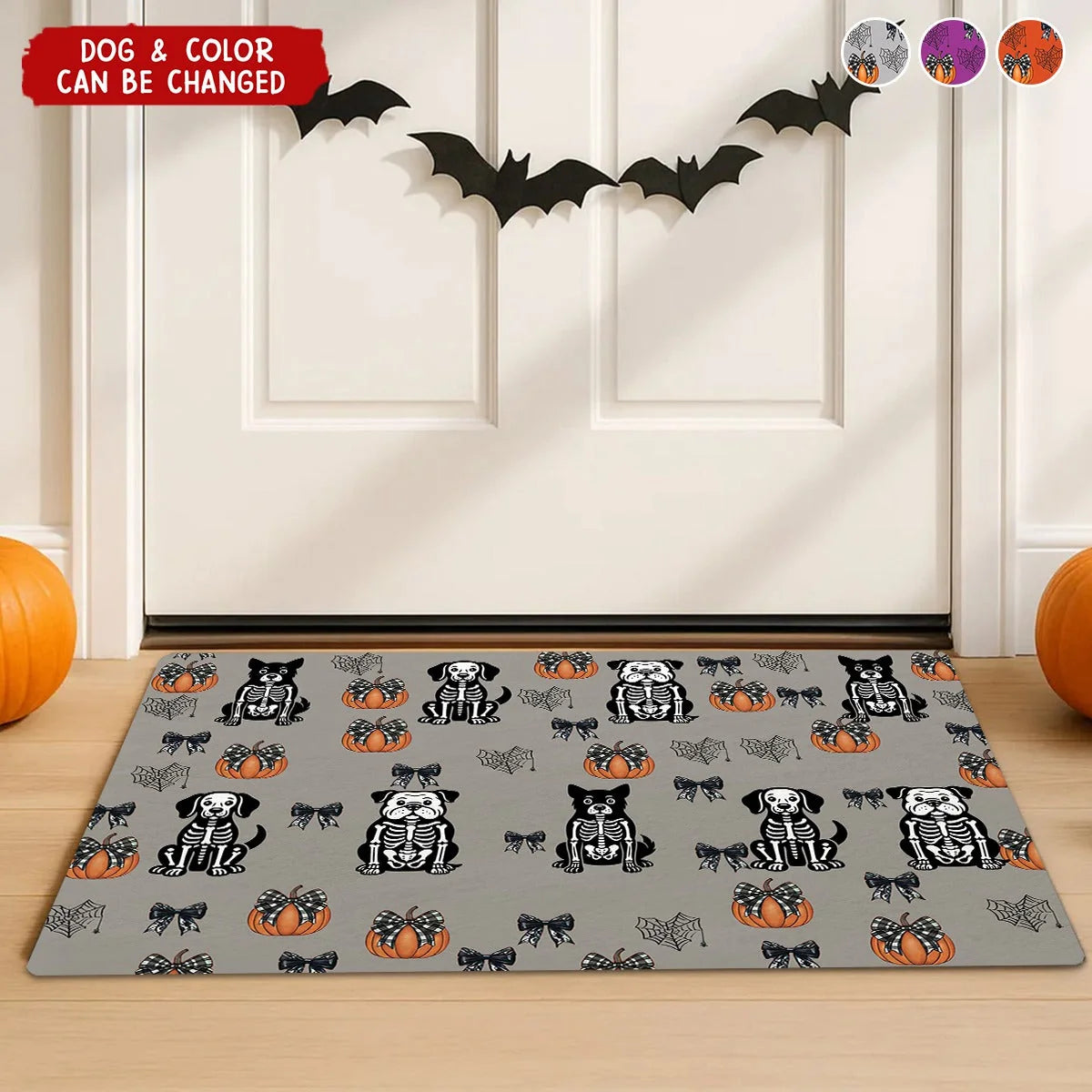 Custom Halloween Dog Doormat - Spooky Skeleton Pup & Coquette Bow Welcome Mat for Dog Lovers