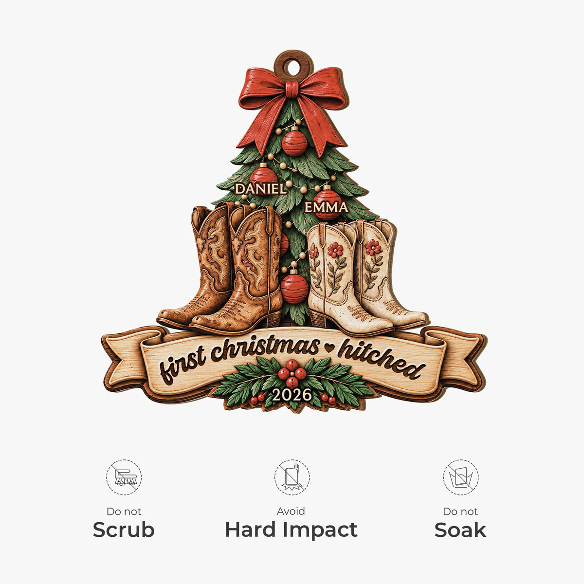 First Christmas Hitched Custom Wooden Ornament - Personalized Couple Cowboy Boots Keepsake