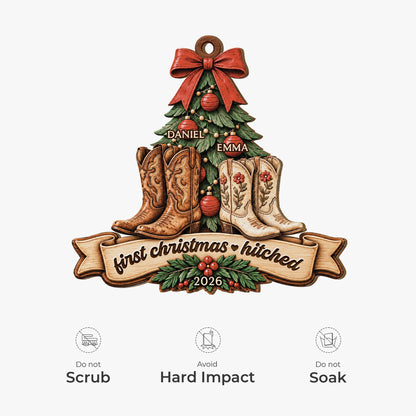 First Christmas Hitched Custom Wooden Ornament - Personalized Couple Cowboy Boots Keepsake