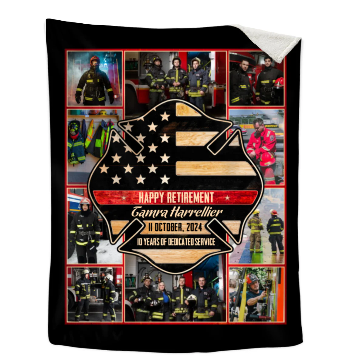 Personalized firefighter retirement blanket with custom photo collage and thin red line design