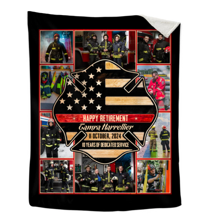 Personalized firefighter retirement blanket with custom photo collage and thin red line design