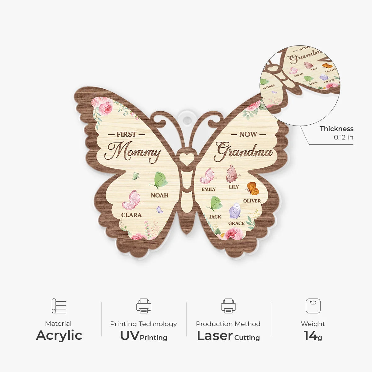 First Mommy Now Grandma Butterfly Acrylic Ornament - Custom Names Keepsake Gift for Grandmother
