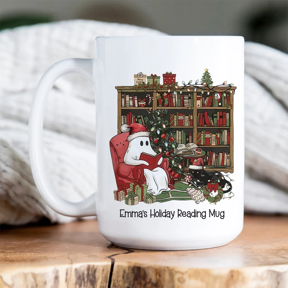 Custom Holiday Reading Mug - Personalized Christmas Ghost Book Lovers Ceramic Mug