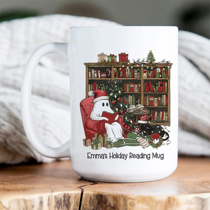 Custom Holiday Reading Mug - Personalized Christmas Ghost Book Lovers Ceramic Mug