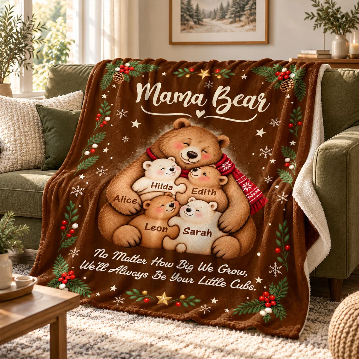 "Always Be Your Little Cubs" Personalized Mama Bear Blanket - Custom Kids' Names Christmas Gift for Mom