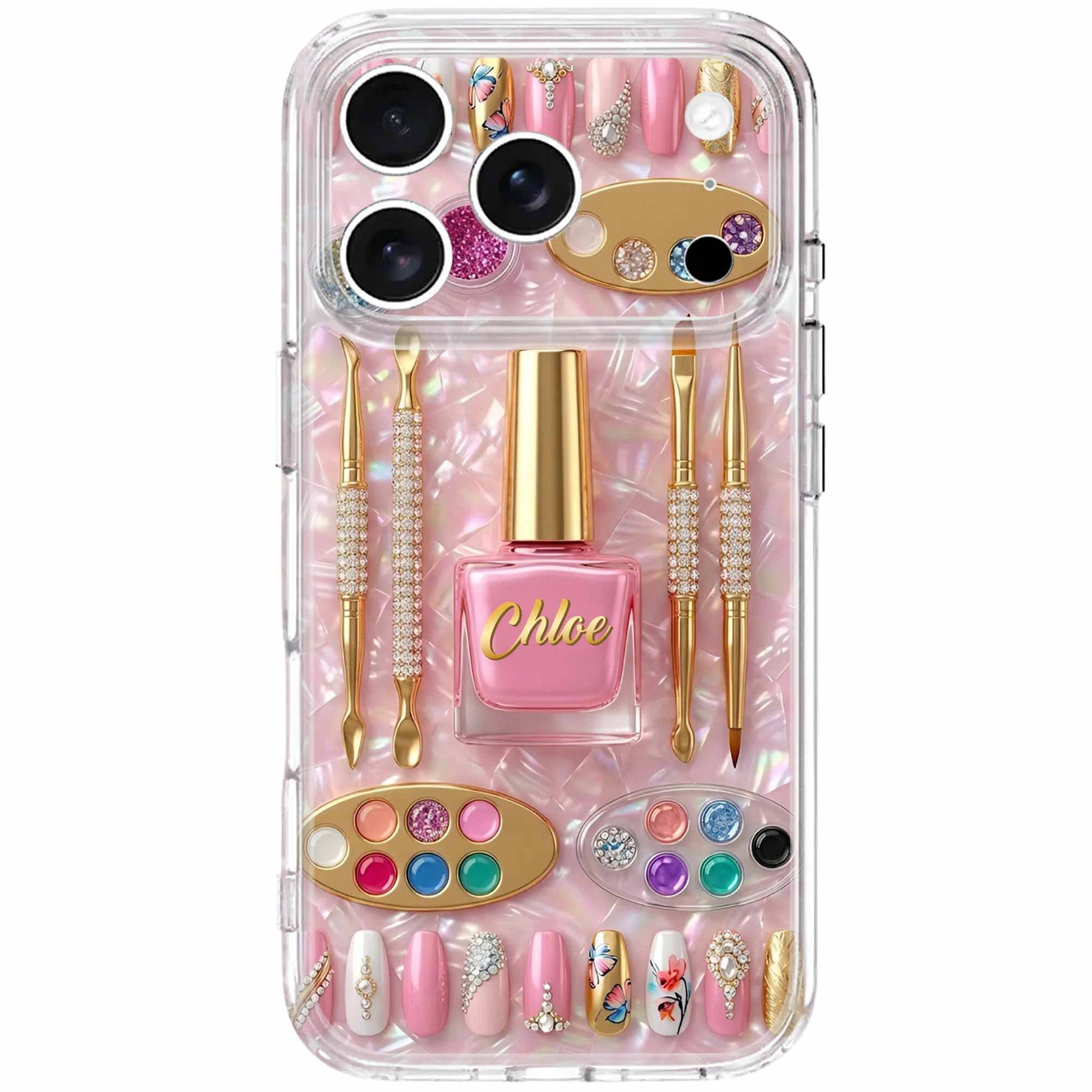 Personalized nail tech clear phone case featuring chic nail polish and tools design image 7