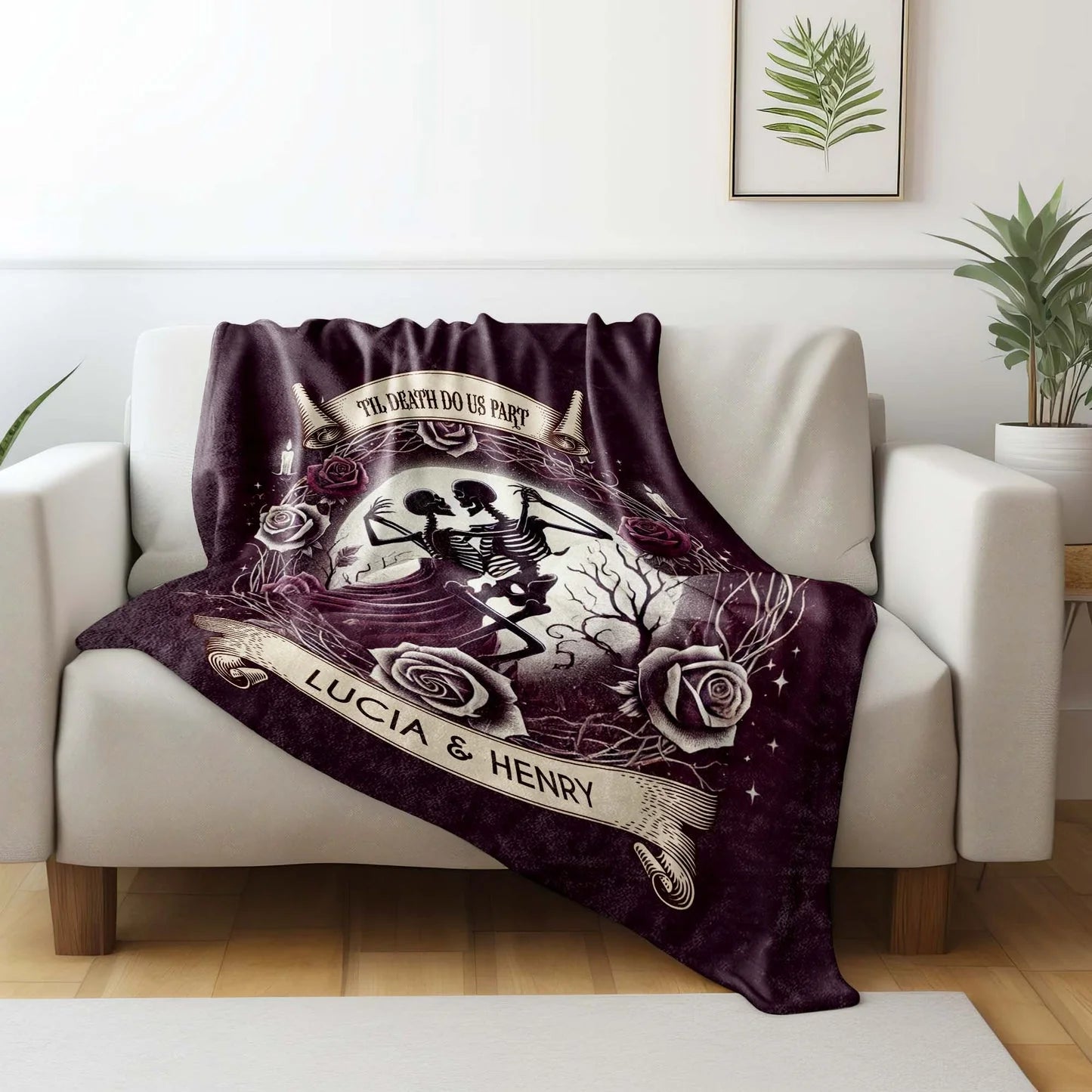 "Til Death Do Us Part" Personalized Gothic Couples Blanket - Custom Skeleton Couple Anniversary Gift for Husband & Wife