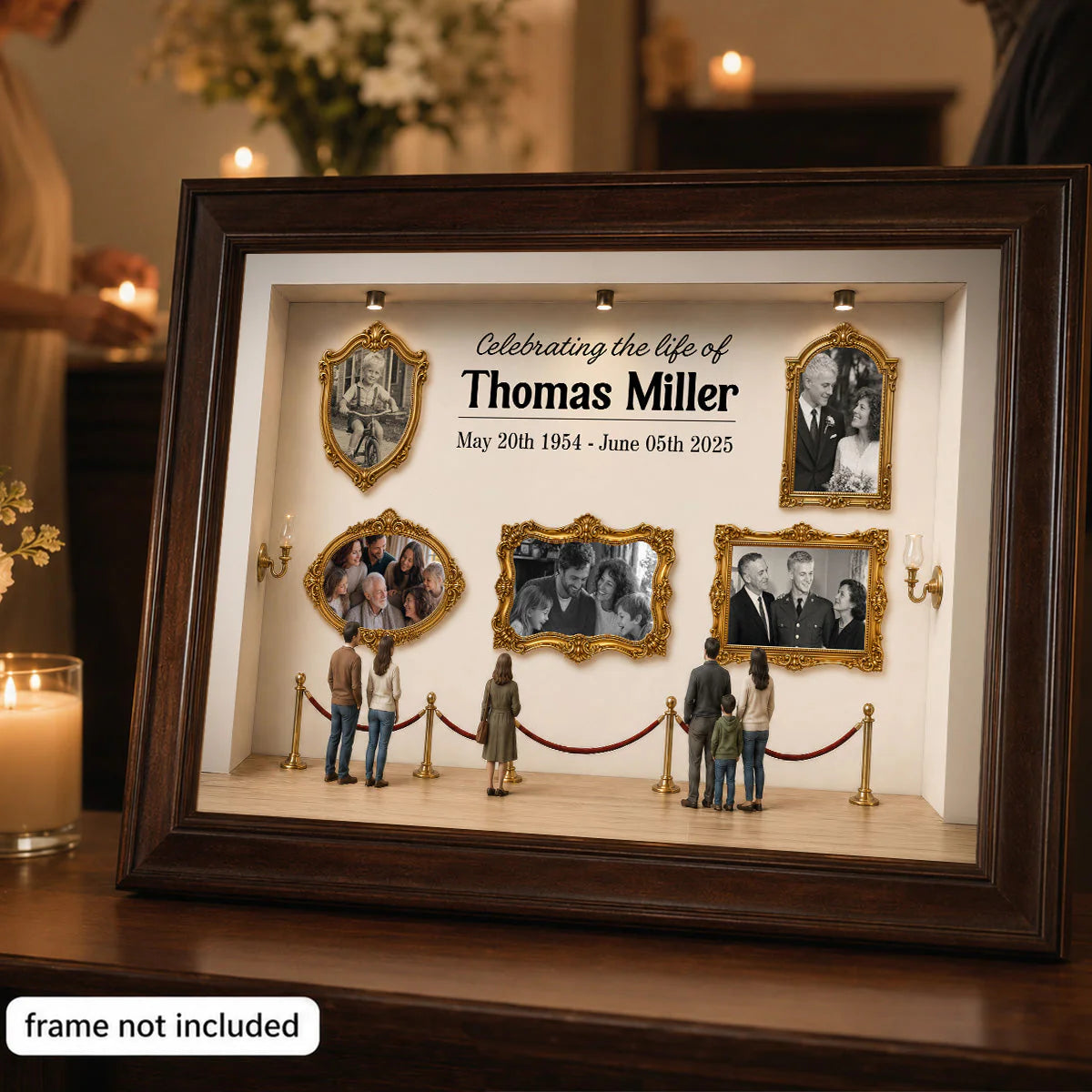 Custom loss of loved one memorial canvas showing family photos inside an art gallery setup. image 8