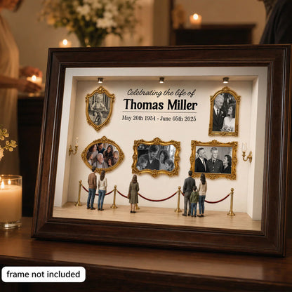 Custom loss of loved one memorial canvas showing family photos inside an art gallery setup. image 8