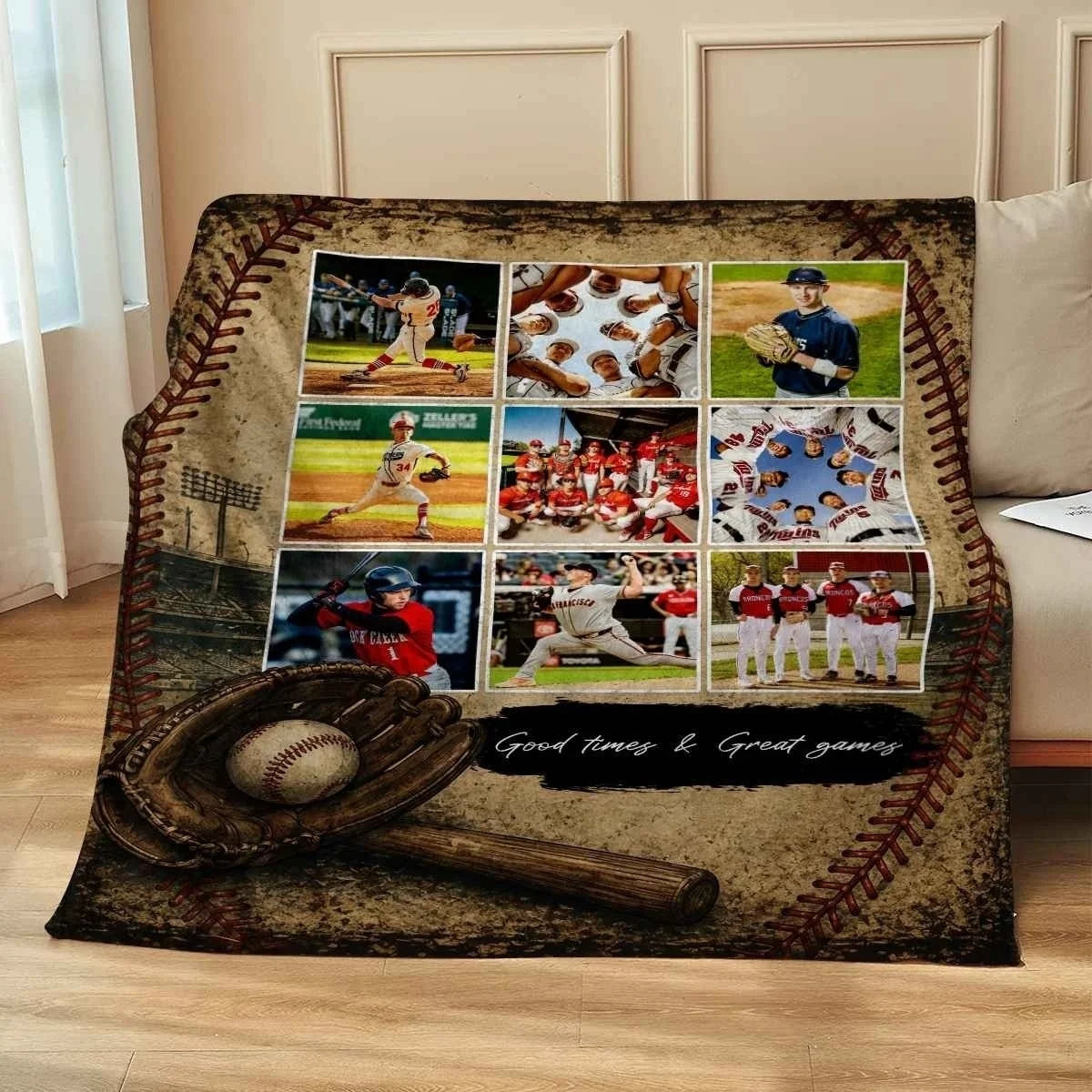 Good Times & Great Games Personalized Baseball Photo Blanket - Custom Gift for Son & Senior Players