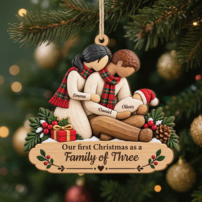 Our First Christmas as a Family of Three - Personalized Wood Ornament Keepsake Gift
