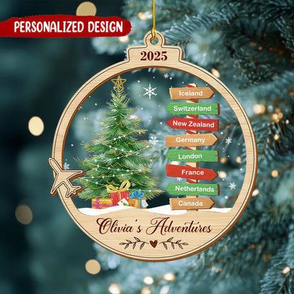 Travel Adventures Personalized Wooden Ornament - Custom Destination Christmas Keepsake Gift for Couples