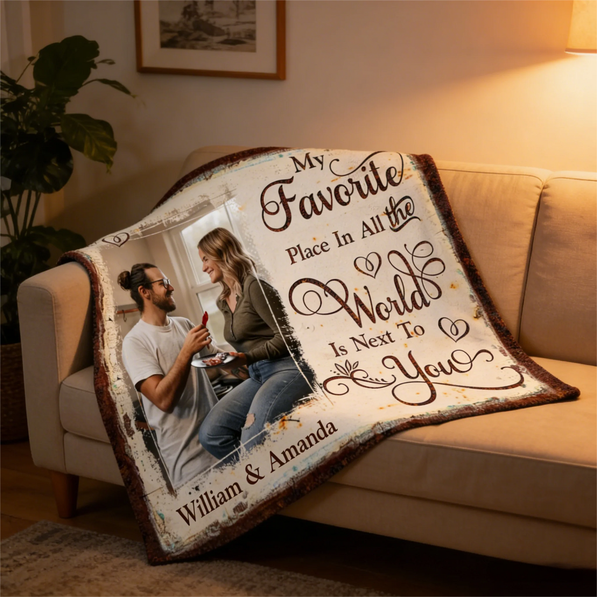 "My Favorite Place In All The World Is Next To You" Personalized Couple Blanket - Anniversary Gift for Boyfriend Girlfriend