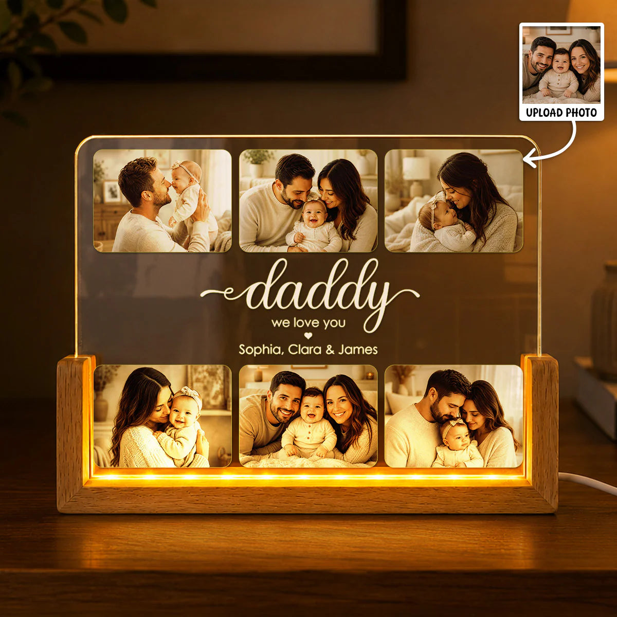 Personalized daddy night light with custom 6-photo collage print and wood base - perfect gift for dad