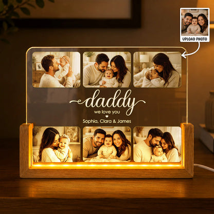 Personalized daddy night light with custom 6-photo collage print and wood base - perfect gift for dad