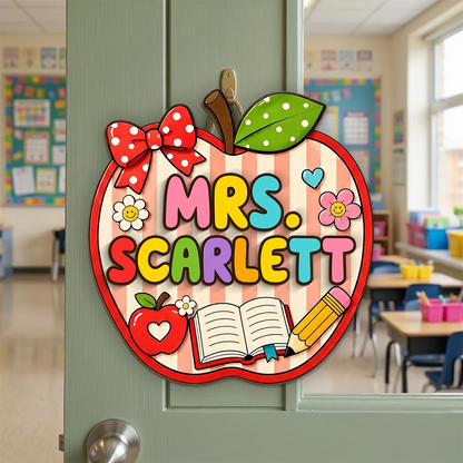 Personalized teacher welcome door sign featuring a colorful apple shape with custom name for classroom decor image 6