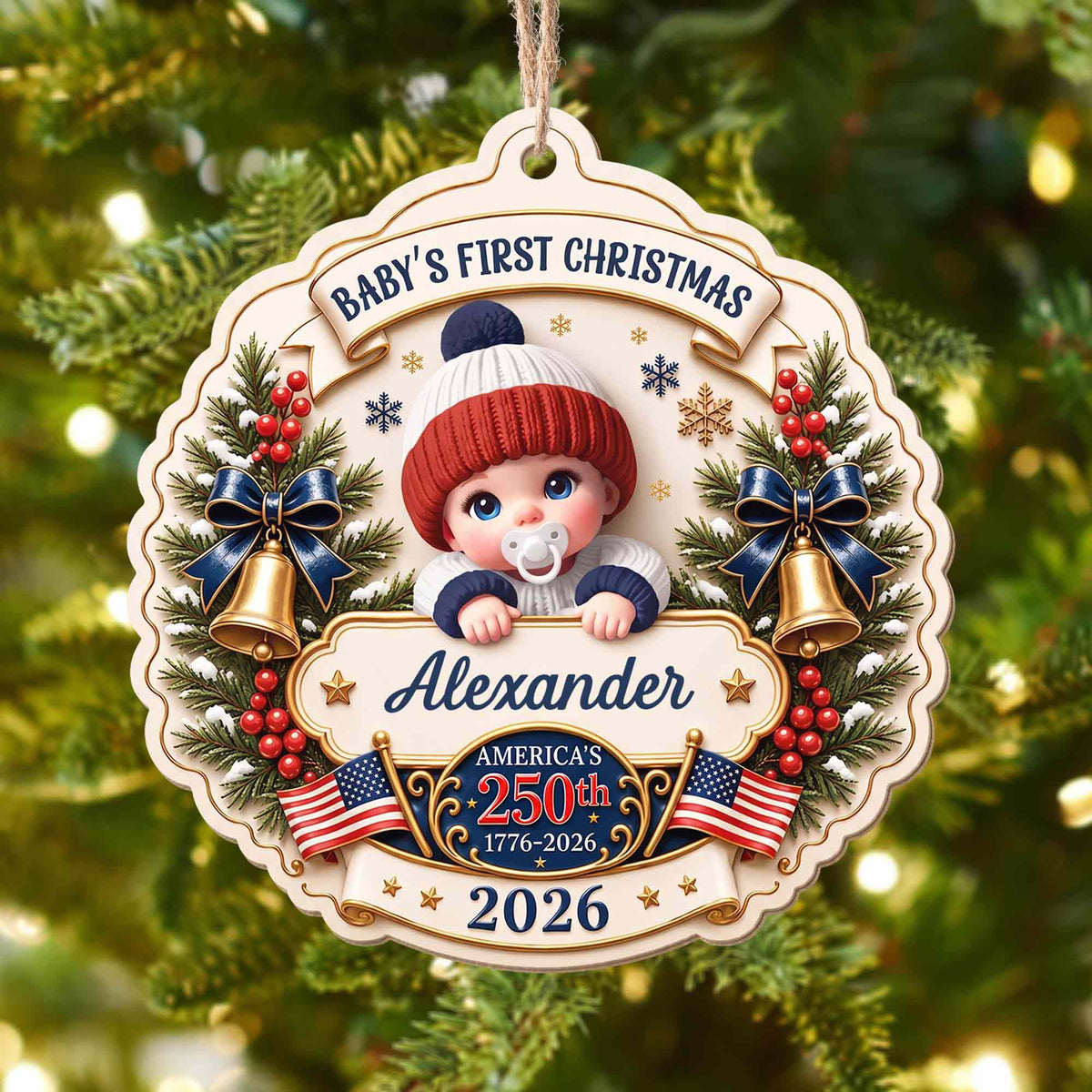 "Baby’s First Christmas" Personalized Wooden Ornament - America’s 250th Anniversary Keepsake for New Parents