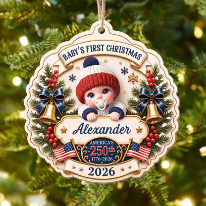 "Baby’s First Christmas" Personalized Wooden Ornament - America’s 250th Anniversary Keepsake for New Parents