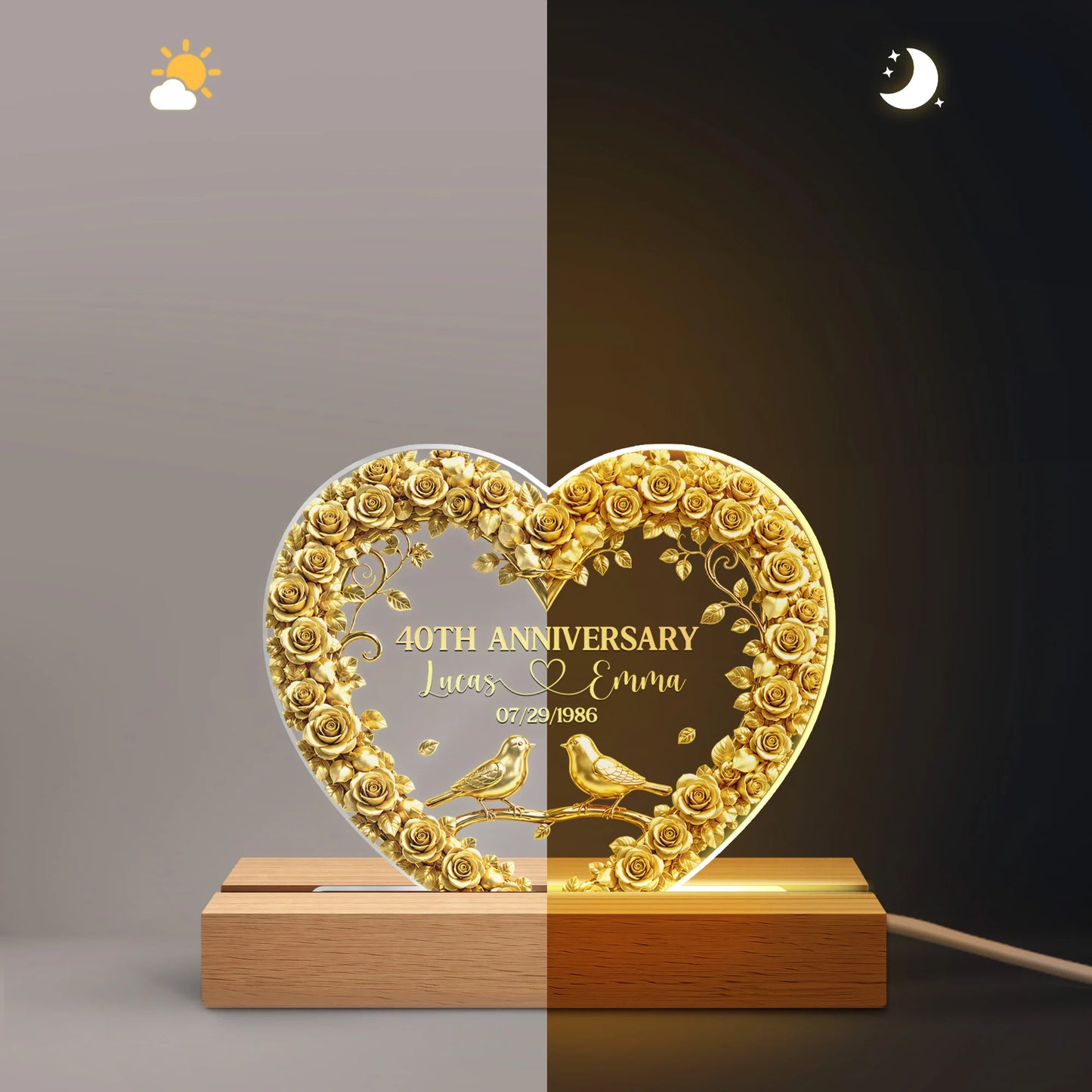40th Anniversary Personalized LED Night Light - Custom Golden Wedding Keepsake Gift for Couples