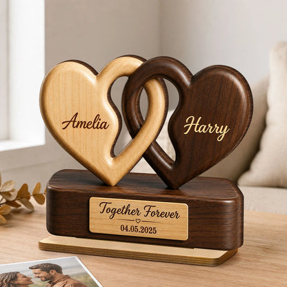 "Together Forever" Interlocking Hearts Personalized Wooden Plaque - Custom Couple Gift for Anniversary