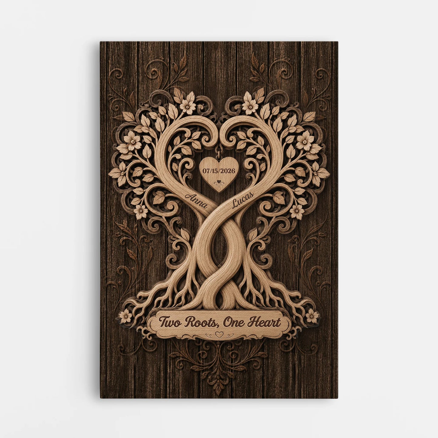 Custom Two Roots One Heart Canvas for Couples with personalized design details for meaningful gifting