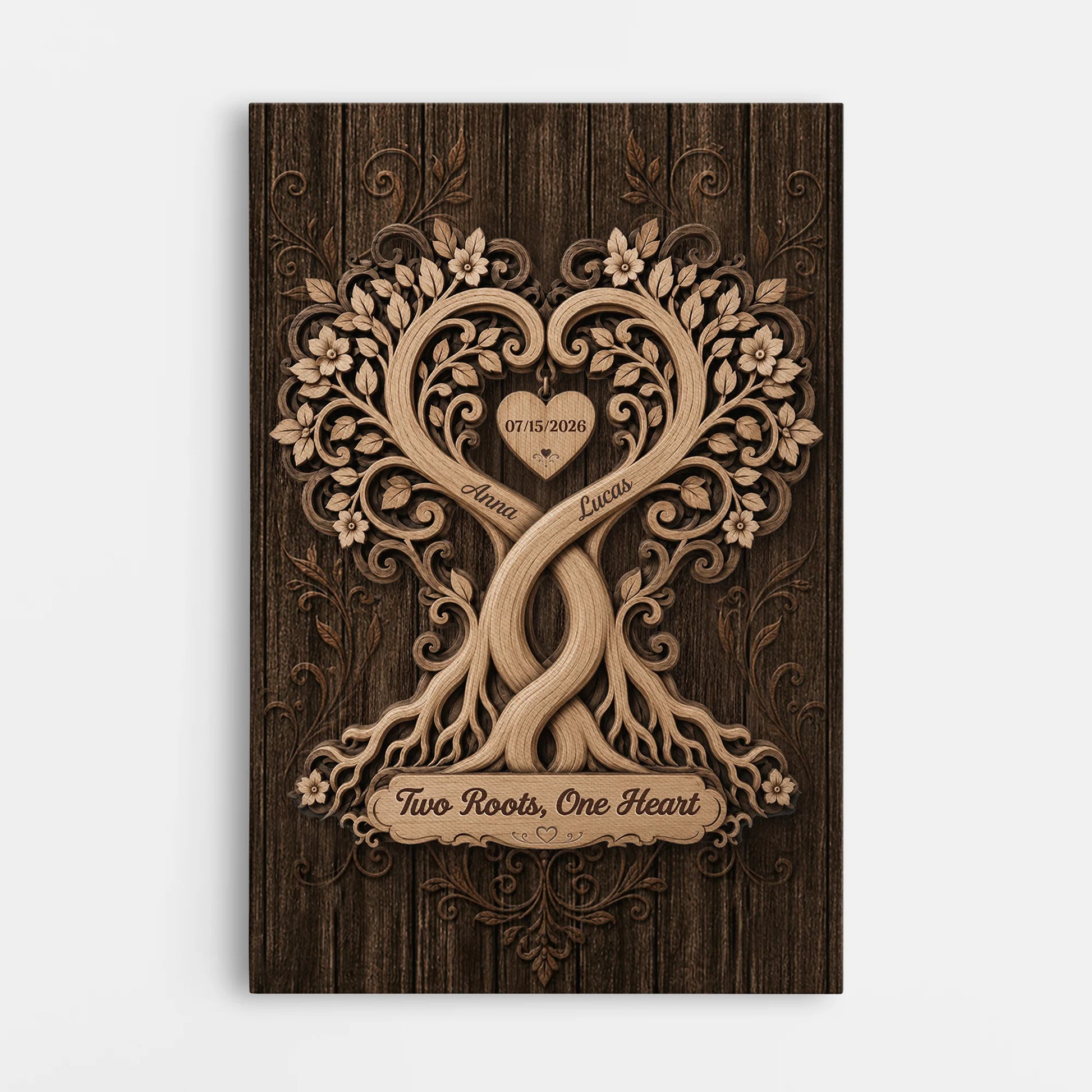 Custom Two Roots One Heart Canvas for Couples with personalized design details for meaningful gifting