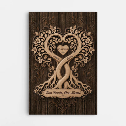Custom Two Roots One Heart Canvas for Couples with personalized design details for meaningful gifting