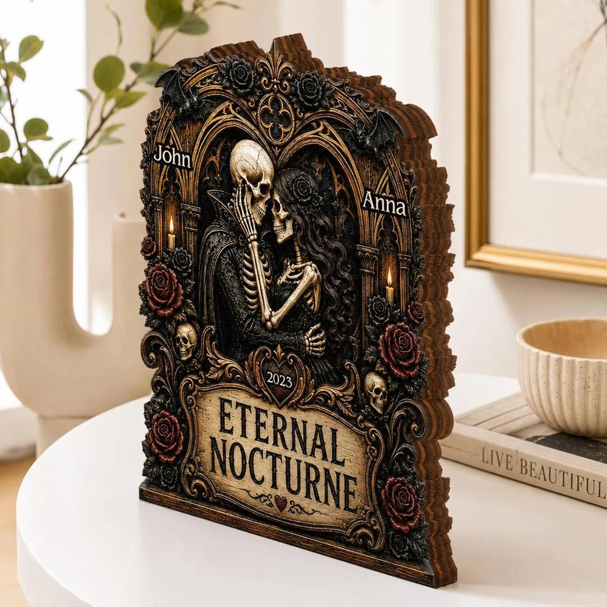 Eternal Nocturne Gothic Skeleton Couple - Personalized Wooden Block Gift