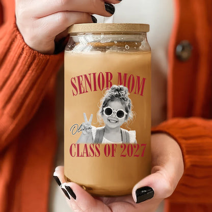 "Senior Mom Class of 2027" Personalized Glass Can - Custom Photo Graduation Keepsake Gift
