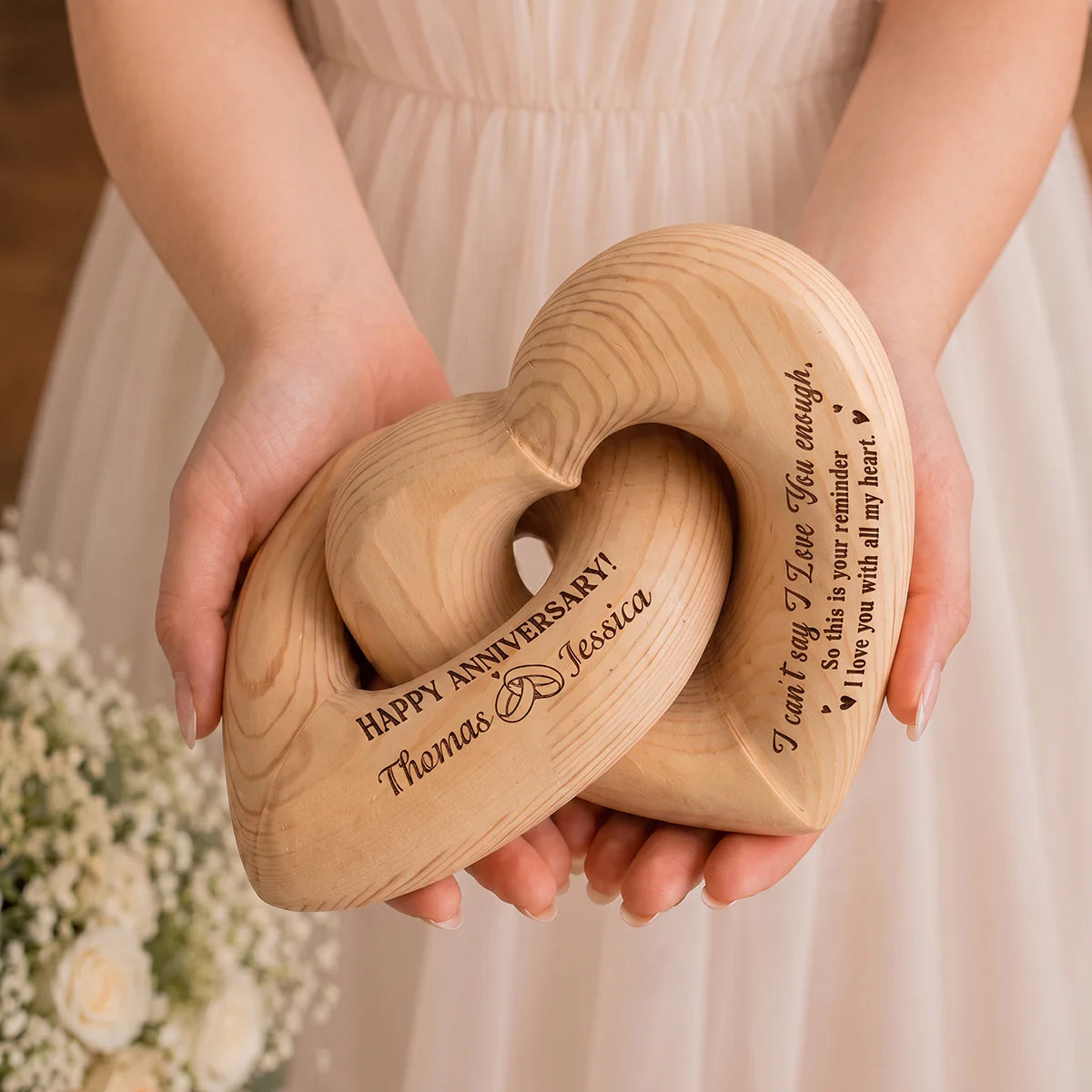 Wood Sign material and size view - Interlocking Wooden Heart Sculpture