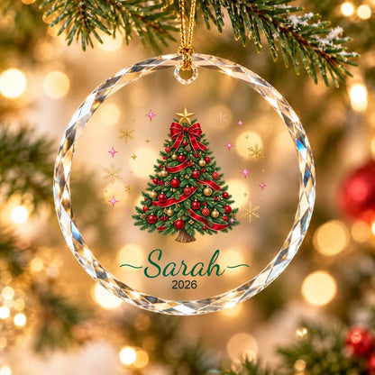 SP04 Christmas tree ornament — green and red design, Sarah 2026 — hanging on Christmas tree