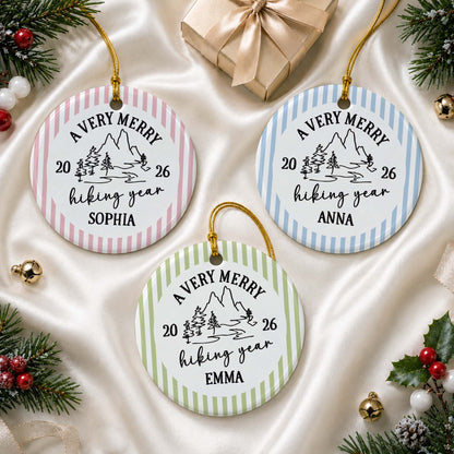 "A Very Merry Hiking Year" Personalized Hiking Christmas Ornament - Custom Ceramic Keepsake  for Outdoor Lovers