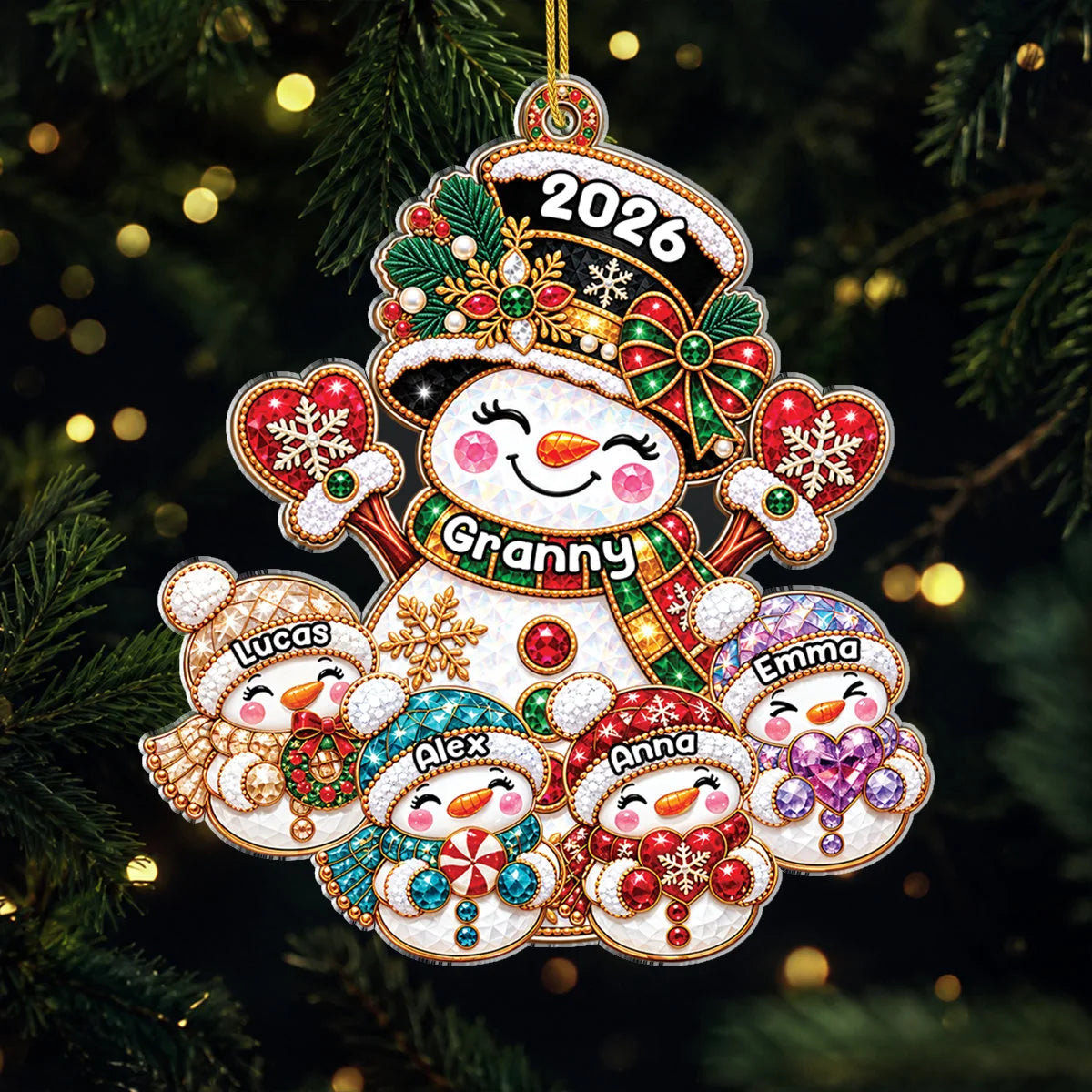 Granny & Grandkids Snowman Personalized Acrylic Ornament - Custom Christmas Keepsake Gift for Grandma
