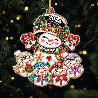 Granny & Grandkids Snowman Personalized Acrylic Ornament - Custom Christmas Keepsake Gift for Grandma