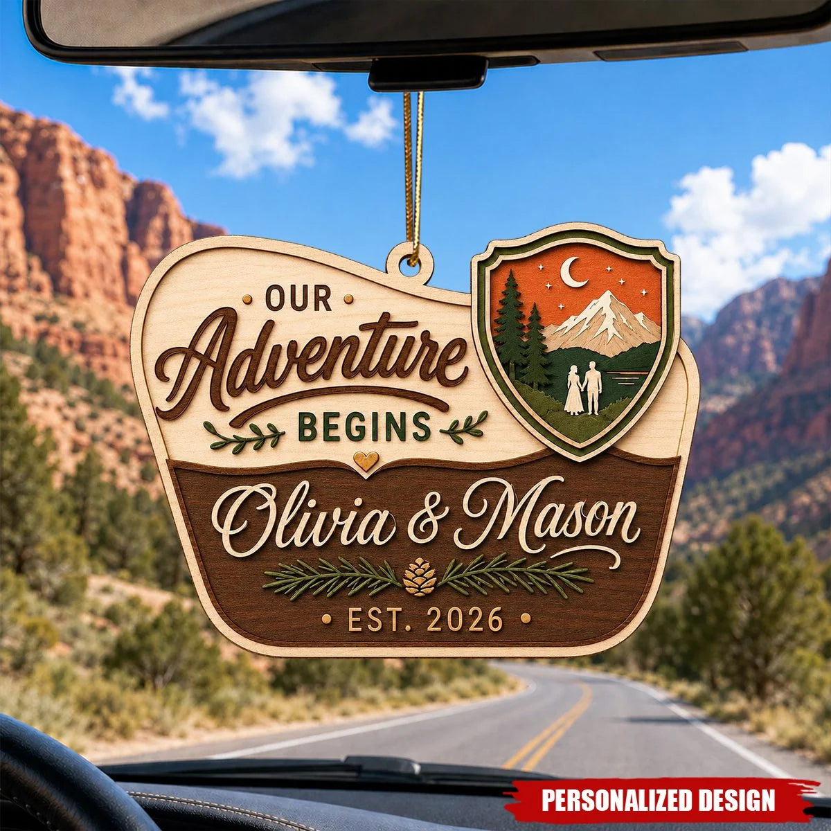"Our Adventure Begins" Personalized Wooden Couple Ornament - Custom Mountain Keepsake for Christmas & Weddings