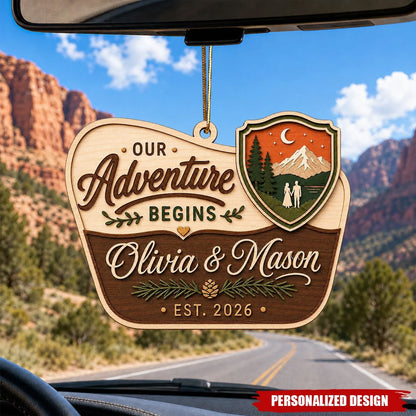 "Our Adventure Begins" Personalized Wooden Couple Ornament - Custom Mountain Keepsake for Christmas & Weddings